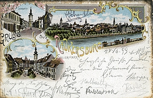 Verlag Johann Simonitsch, Radkersburg: „Gruß aus Radkersburg Steiermark“, gelaufen am 24. 6. 1899 von Radkersburg nach Tüffer. Sammlung Ferdinand Filipic, MiaZ.